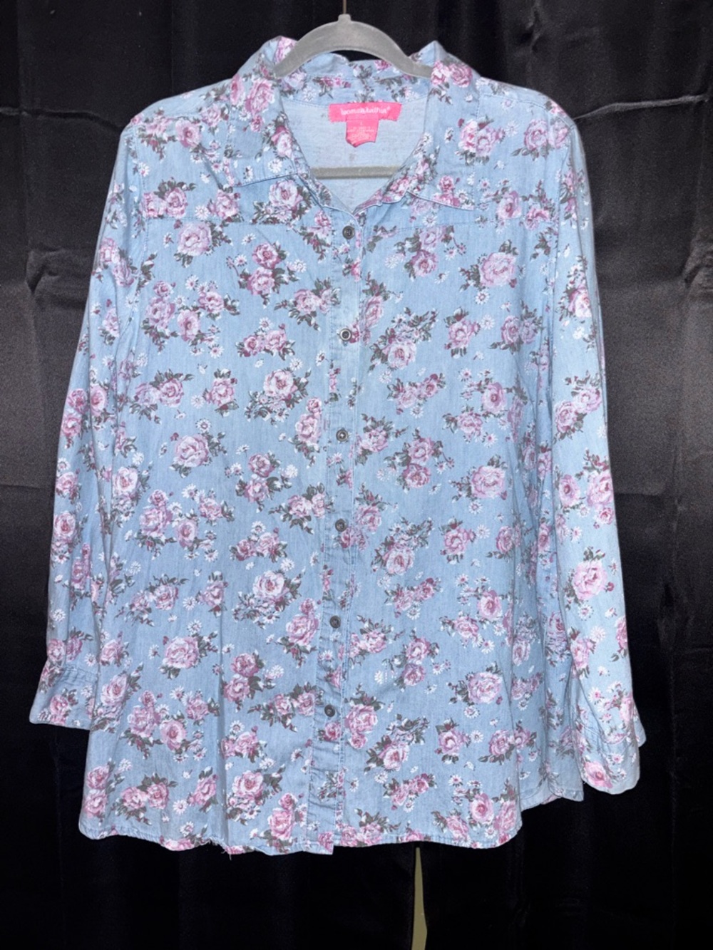 Woman Within Blue Floral Button-Up Shirt